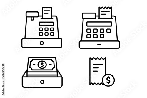 Cash register line icon set. Payment and retail symbols. Checkout, money drawer, and receipt pictograms. Editable stroke vector illustration for web, apps, and print.