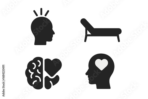Mental health icon set. Psychology, therapy and counseling symbols. Brain and heart for emotional intelligence, head with heart for self care, couch for psychotherapy session.