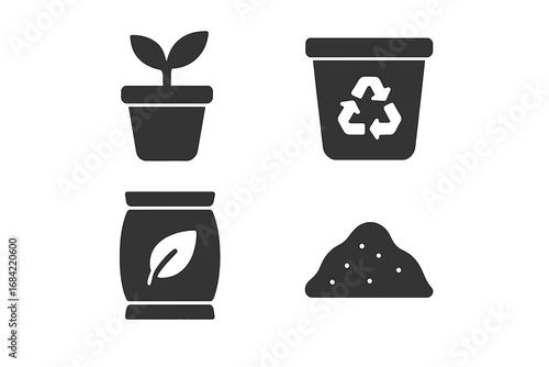 Sustainable planting icons set, solid filled vector illustrations with biodegradable plant pot, recycled container, eco soil bag, green environment symbols, gardening essentials