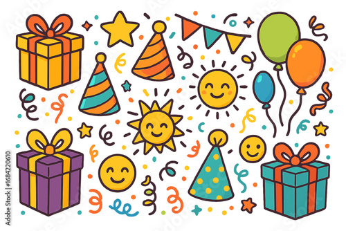 Set of cute birthday party doodle elements. Colorful celebration vector cartoon icons with gifts, party hats, balloons, and confetti for festive holiday design. Hand-drawn clipart.