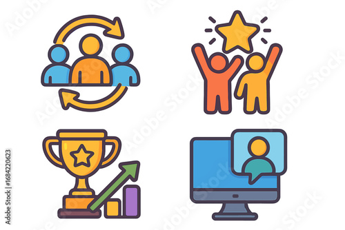 Vector icon set for business success. Teamwork, achievement, and corporate growth. Online meeting, winner trophy, and collaboration symbols. Flat cartoon illustration pack.