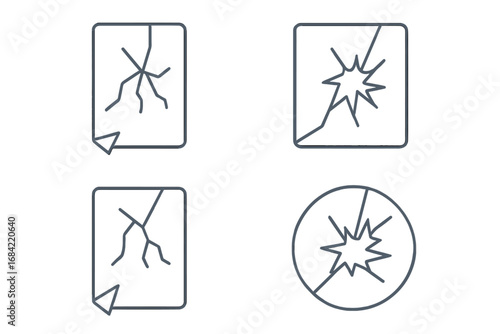 Broken glass line icon set. Cracked screen, shattered window, damaged file. Destruction symbol, error pictogram, vandalism sign. Broken surface vector outline icons for web.