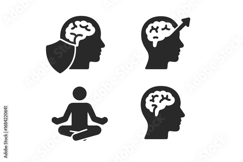 Mental health and strength icon set. Icons for resilience, growth, positive mindset, mindfulness, meditation. Brain, head silhouette with shield and arrow. Psychology vector symbols.