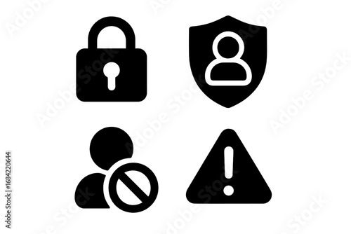 Cybersecurity and data privacy solid icon set. Vector illustration of user account protection, blocked profile, security shield, warning report sign, and private access lock.