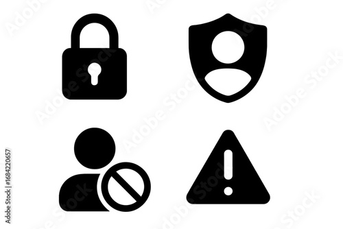 Privacy and safety solid glyph icon set. Security concepts with padlock, user protection shield, blocked person, and warning or report sign. Vector for web and app UI design.