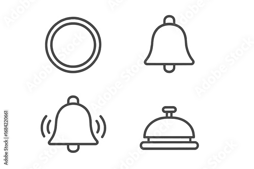 Bell notification and alarm line icon set. Includes service bell, ringing alert, and subscribe button symbols. Vector illustration with editable stroke for web and app design.