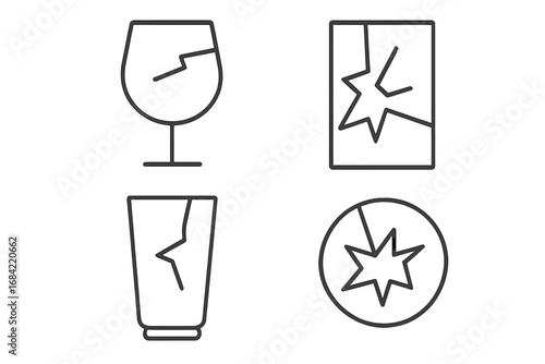 Broken glass line icon set. Cracked wine glass, shattered window, broken cup vector illustration. Fragile, damage, accident, destruction concept for web and graphic design.