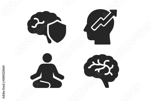 Mental strength and psychology icons. Brain protection shield, personal growth arrow, meditation pose. Mental health, resilience, mindfulness, and coping vector icon set.