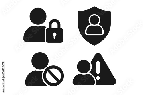User privacy and safety black glyph icon set. Vector symbols for private account, profile security shield, blocked person, and report warning sign for web and mobile apps.