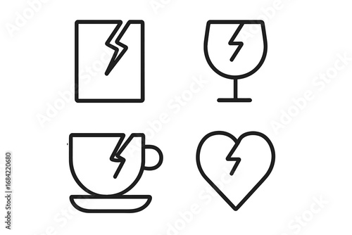 Broken items line icon set. Fragile glass, cup, heart symbol. Break, crack, damage sign. Vector illustration for web, apps. Heartbreak, divorce, loss concept.