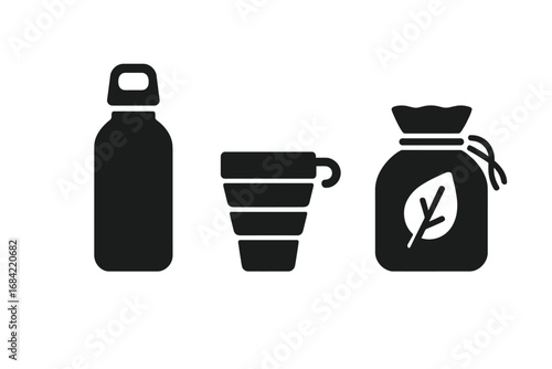 Sustainable Tech Icon Set, Filled Vector Illustration of Eco-Friendly Gadgets with Solar Bag, Kinetic Charger, Water Purifier Straw, Renewable Energy and Green Technology Symbols