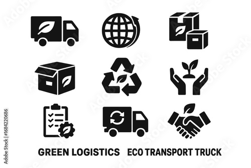 Sustainable Supply Chain Icons, Solid Filled Vector Set of Green Logistics, Eco Transport Trucks, Recycling Symbols, Earth, Packaging, Plant Care, and Handshake for Environmental Concepts