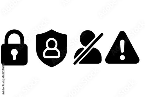 Privacy and safety solid icon set. Vector glyph collection with security lock, user protection shield, blocked account, and report warning symbol for web and mobile apps UI.