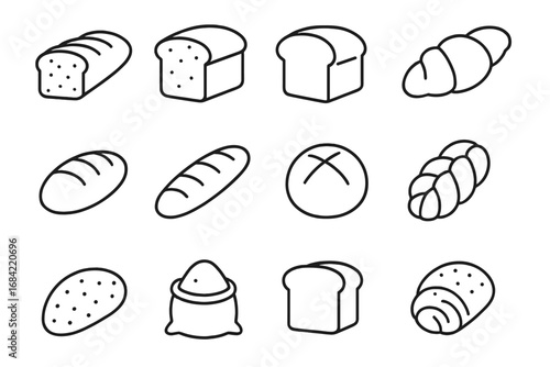 Bread thin line icon set. Bakery, pastry, and baking symbols. Vector collection of loaf, baguette, croissant, flour, and challah icons. Editable stroke pictogram for web design.