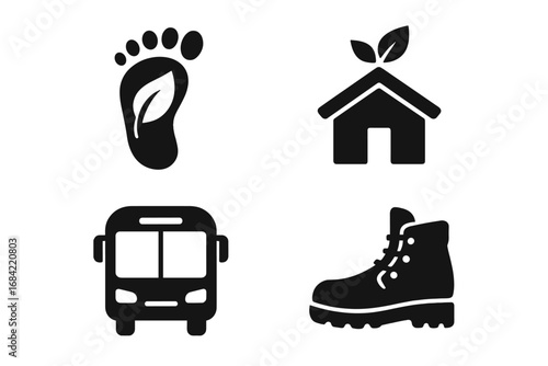 Sustainable tourism icons set with eco footprint, eco-lodge, public transport bus, hiking boot, solid filled vector illustrations for eco-friendly travel concepts