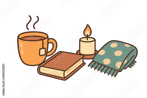 Cozy evening at home with a book, hot tea, candle, and blanket. Hygge concept for relaxation and self-care. Vector cartoon illustration for autumn or winter wellness and comfort.