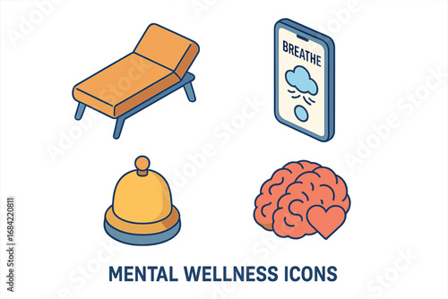 Mental wellness isometric icon set. Psychology, therapy couch, breathing app, meditation bell, and brain with heart symbol. Health care, self-care and mindfulness concepts vector.