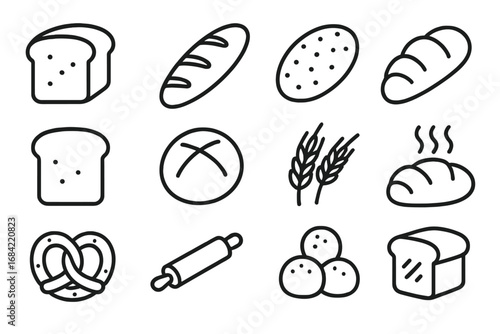 Bread and bakery line icon set. Vector collection of thin icons with editable stroke. Loaf, toast, baguette, pretzel, wheat, and pastry symbols for web, apps, and books.