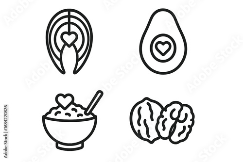 Heart healthy food icon set. Outline icons for good nutrition and diet. Vector linear symbols of salmon, avocado, oatmeal, and walnuts for cardiology and wellness concepts.