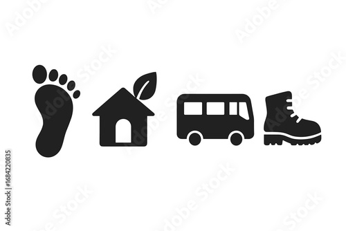 Sustainable tourism icons set with eco footprint, green lodge, public transport bus, hiking boot silhouette, environmental travel symbols vector illustration