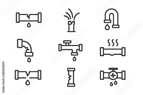 Broken pipes and water leak icon set. Plumbing problems, burst pipeline, and dripping faucet symbols. Vector line icons for emergency repair service, damage, and maintenance.