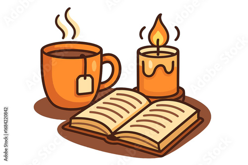 Cozy evening at home with a book and hot tea. Hygge lifestyle concept with candle light. Relaxation and comfort for autumn or winter. Vector cartoon illustration for wellness.