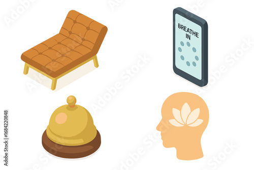 Mental health and wellness vector icon set in isometric style. Psychology, therapy, self-care, stress relief concept. Therapist couch, breathing app, mindfulness bell, calm mind.