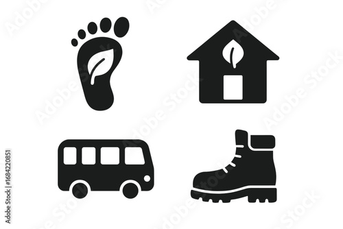 Sustainable Tourism Icons Set, Solid Black Eco-Friendly Symbols Collection, Footprint with Leaf, Eco-Lodge House, Public Bus, Hiking Boot, Vector Illustration on Transparent Background