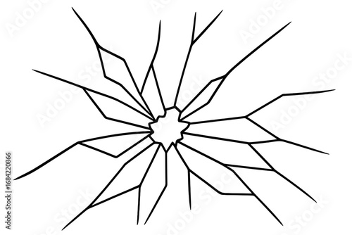 Broken glass outline vector illustration. Shattered window with cracks from impact. Damage and destruction concept. Linear icon for web design, apps, and print. Bullet hole.