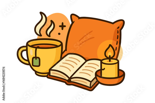 Cozy home relaxation essentials still life. Hygge concept with hot tea, open book, candle light and pillow. Evening comfort and self care for mental wellbeing. Vector cartoon.