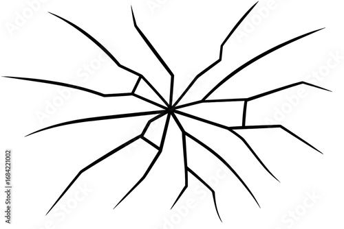 Broken glass vector illustration. Cracked window texture. Shattered surface effect for design. Destruction, damage icon. Black outline graphic element on white background.