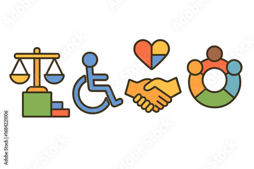 Diversity and inclusion icons. Equity, accessibility, community symbols. Justice scales, wheelchair sign, handshake, diverse people circle. Social rights, equality concept vector.