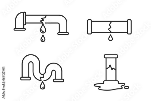 Broken pipe icon set. Water leak and pipeline damage concept. Plumbing problem, burst pipe, dripping faucet, and drainage issue line art. Vector illustration with editable stroke.