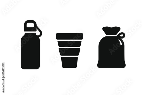 Sustainable travel icons vector set with metal water bottle, collapsible cup, fabric pouch, eco-friendly reusable items, zero waste concept, environmental protection, outdoor lifestyle essentials
