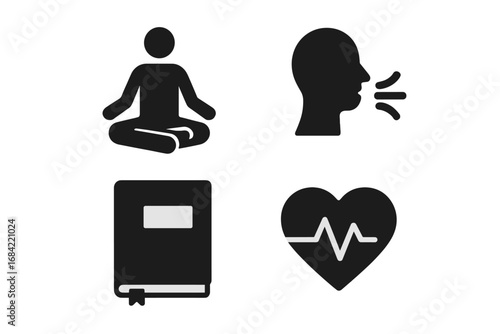 Mental wellness solid icon set. Vector symbols for mindfulness, self care practices. Meditation pose, deep breathing exercise, journaling, and heart rate for health concept.