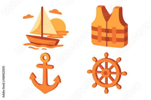 Sailing icons at sunset, isometric flat vector set with sailboat on water, life jacket, anchor, and captain’s wheel. Nautical, marine safety, boating and ocean adventure illustration