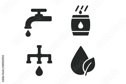 Sustainable Water Icons Set, Solid Filled Vector Collection of Eco-Friendly Water Usage Symbols Including Low-Flow Faucet, Rain Barrel, Greywater System, Water Conservation and Environment