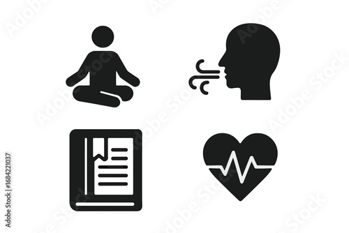 Mental wellness and self-care solid icon set. Health practices concept with meditation, breathing exercise, journaling, and heart rate symbols. Mindfulness and stress relief.