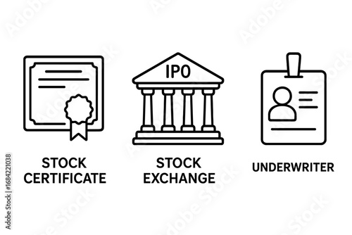 IPO Initial Public Offering line icon set. Concepts of stock market, finance, investment, and going public. Vector symbols of a stock certificate, exchange, and underwriter.