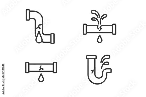Broken pipes line icon collection. Water leak from tube, plumbing problems. Burst pipeline, drainage damage concept. Plumber service symbol. Editable stroke vector pictogram set.
