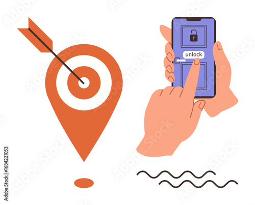 Arrow hits pinpoint target marker and hand unlocks smartphone screen. Ideal for goals, strategy, focus, precision, security, achievement, digital action. Simple flat metaphor