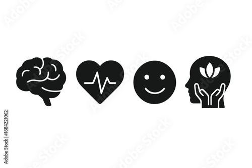 Mental wellness solid glyph icon set. Brain, heart pulse, happy face, mindfulness symbols. Psychology, emotional balance, self care, mood, and therapy concept vector.