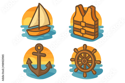 Isometric Sailing Icons at Sunset Vector Set with Sailboat, Life Jacket, Anchor, Captain's Wheel, Nautical Cartoon Illustration for Marine and Boating Themes