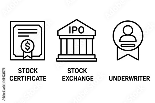 IPO preparation outline icons. Vector set of stock certificate, exchange building, underwriter badge. Financial concepts for initial public offering, going public, investment.