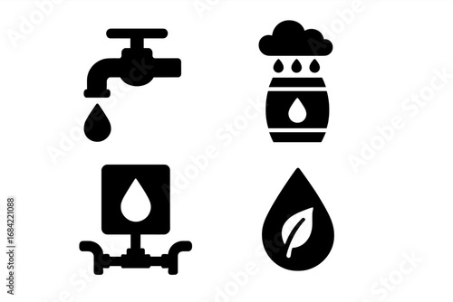 Sustainable Water Icon Set, Solid Filled 4-Pack, Eco-Friendly Water Conservation Symbols Including Low-Flow Faucet, Rain Barrel, Greywater System, and Leaf Water Drop Vector Illustration