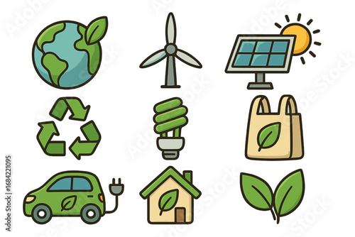 Eco friendly icon collection. Sustainability, renewable energy, environmental conservation. Green living, ecology concepts. Solar panel, wind turbine, recycle symbol, electric car.