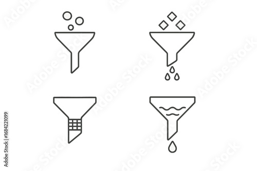 Filter and funnel line icon set. Vector symbols for data sorting, conversion, and processing. Thin line icons for UI, UX, web design, and data analysis infographics.