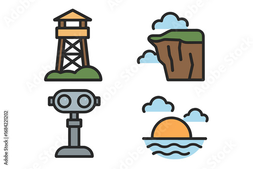 Scenic viewpoints icons set, lookout tower, cliff edge, vista binoculars, sunset over ocean, nature observation, travel and adventure flat vector cartoon illustration