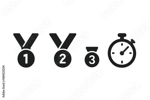 Swim competition icons set with gold, silver, and bronze medals, stopwatch, solid filled vector illustration, swimming awards, aquatic sports symbols, transparent background