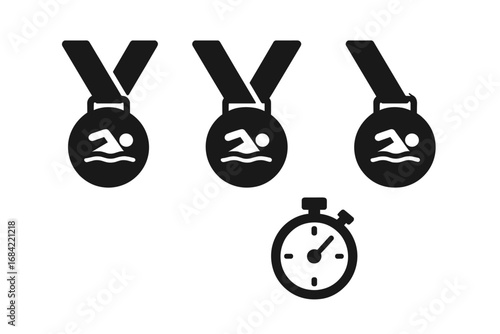 Swim competition icons with solid filled design featuring gold, silver, and bronze swimming medals, stopwatch timer, aquatic sport awards, swimming tournament vector illustration